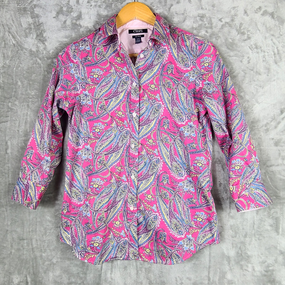 Chaps No Iron Paisley 3/4 Sleeve Button Up Top Stripe Contrast Cuff Pink Size S